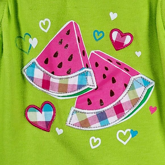 Toddler Outfit Size 3T Watermelon Summer Bright Green Top Pink Polka Dot Skirt - Picture 4 of 11